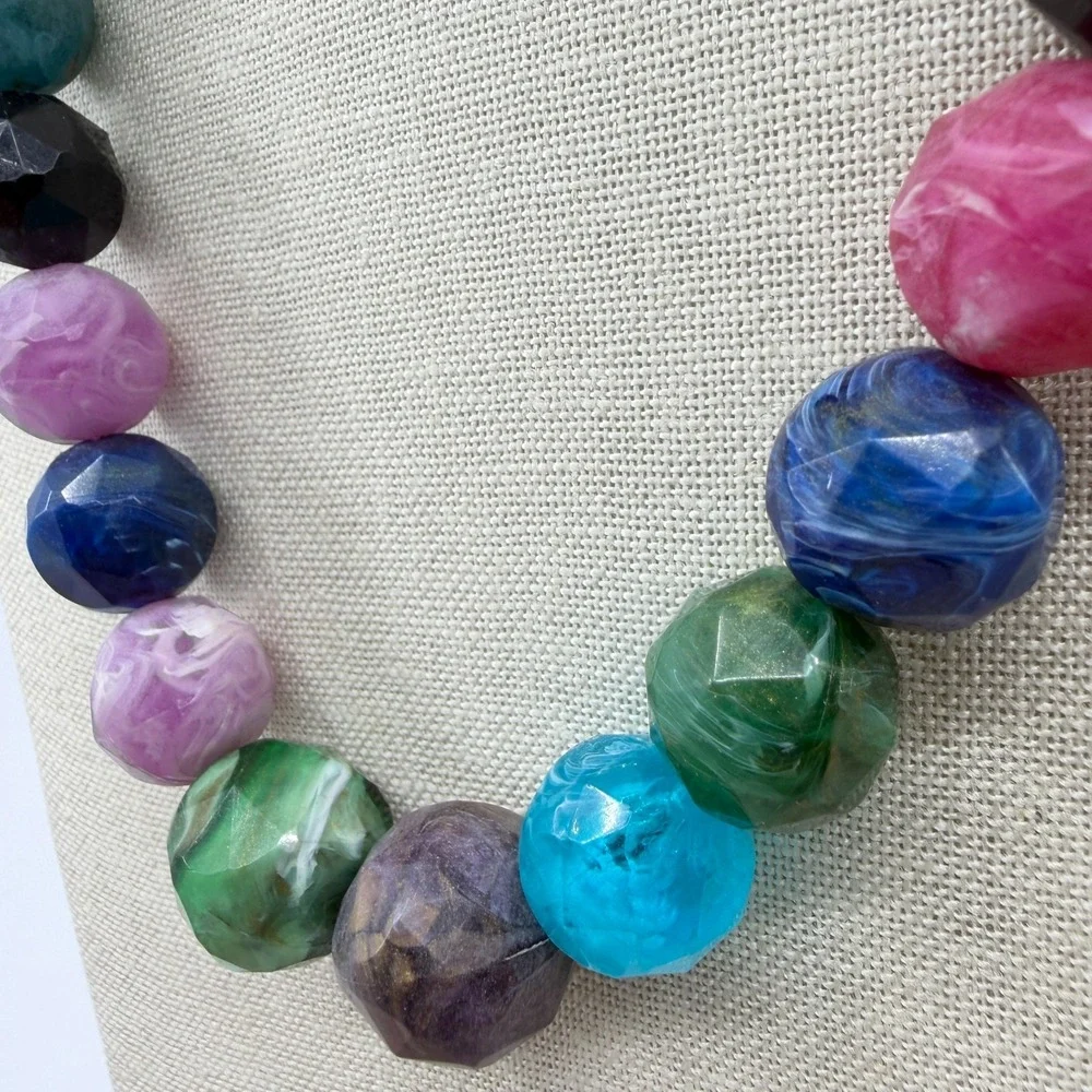 Multicolor Faceted Marbled Bead Long Necklace Chunky Boho Statement Jewelry